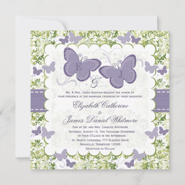 Invitaciones púrpuras de la boda de la mariposa (Anverso)