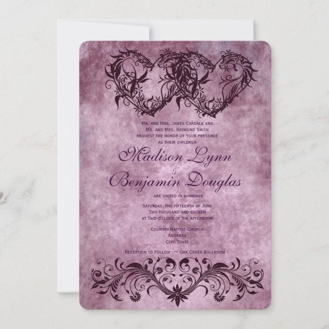 Invitaciones púrpuras de la boda de los corazones (Anverso)