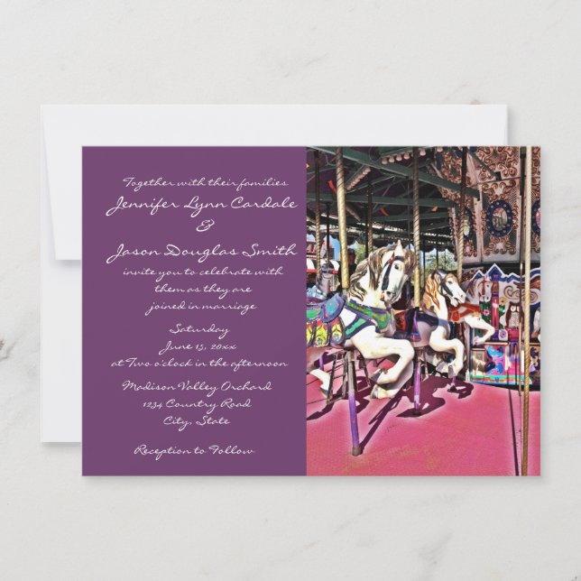 Invitaciones púrpuras de la boda del carnaval del (Anverso)