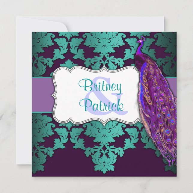 Invitaciones púrpuras de la boda del damasco del (Anverso)