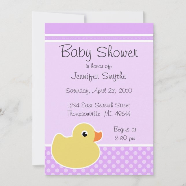 Invitaciones púrpuras Ducky de goma de Baby Shower (Anverso)
