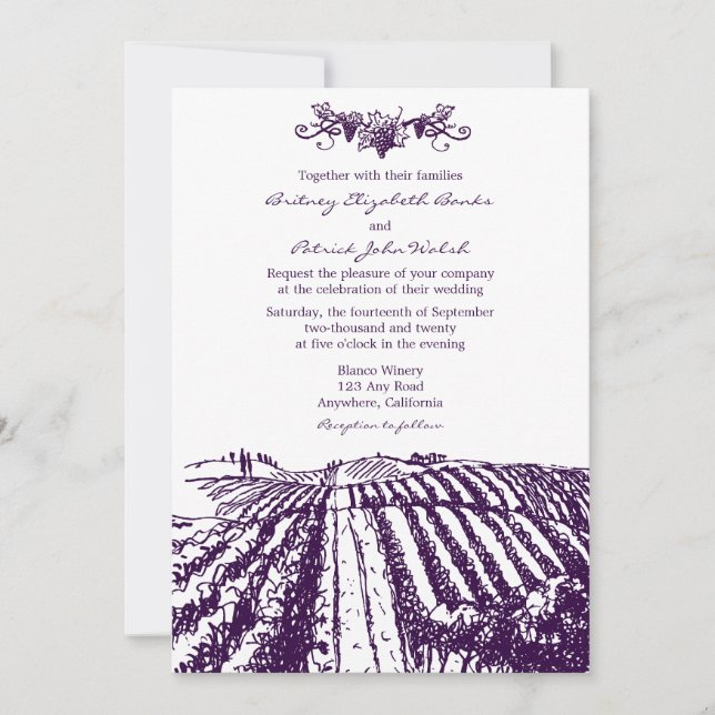 Invitaciones púrpuras toscanas de la boda del (Anverso)