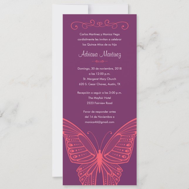 Invitaciones púrpuras y rosadas de Quinceanera de (Anverso)