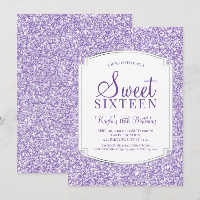 Invitaciones purpúreas claras del dulce 16 del (Anverso / Reverso)