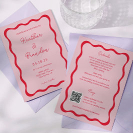 Invitaciones QR del Boda de Olas Rojas y Rosa Retr