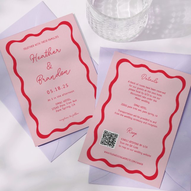 Invitaciones QR del Boda de Olas Rojas y Rosa Retr (Subido por el creador)