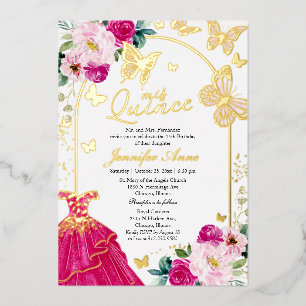 Invitaciones Quince Mariposa Vestido Rosa Caliente