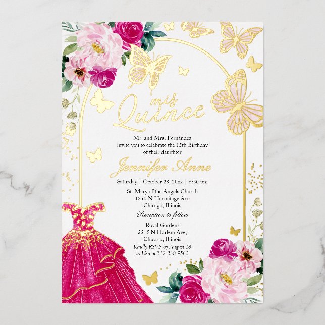 Invitaciones Quince Mariposa Vestido Rosa Caliente (Anverso)