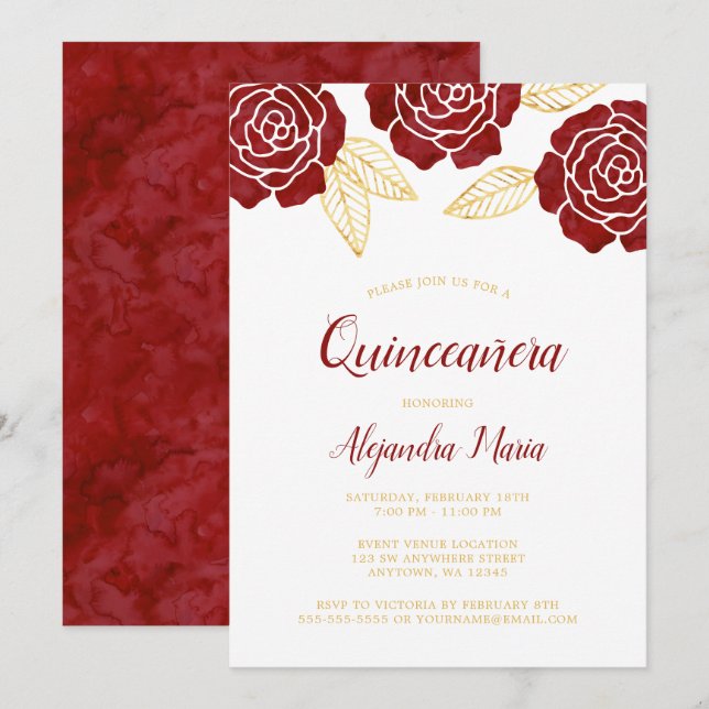 Invitaciones Quinceanera a Rosas de oro de Borgoña (Anverso / Reverso)