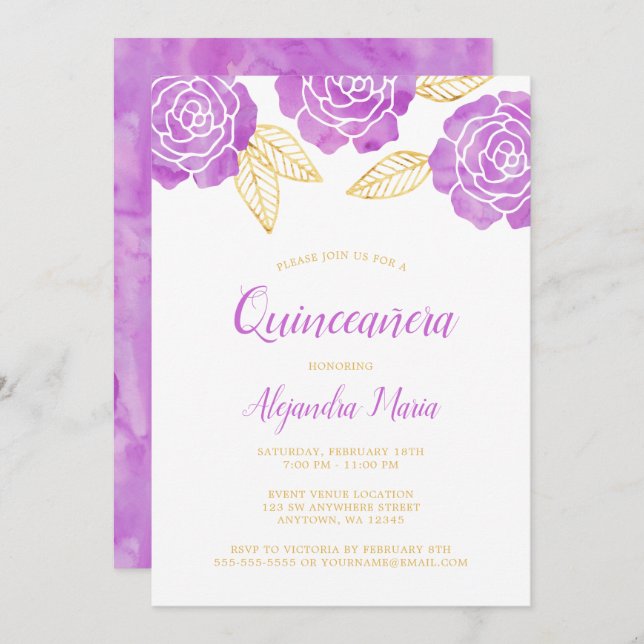 Invitaciones Quinceanera a Rosas de oro morado mod (Anverso / Reverso)