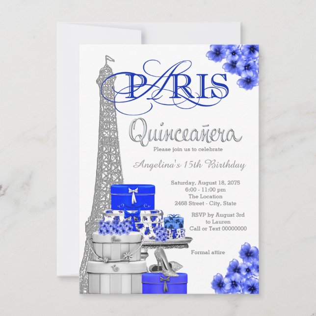 Invitaciones Quinceañera Azul Real París (Anverso)
