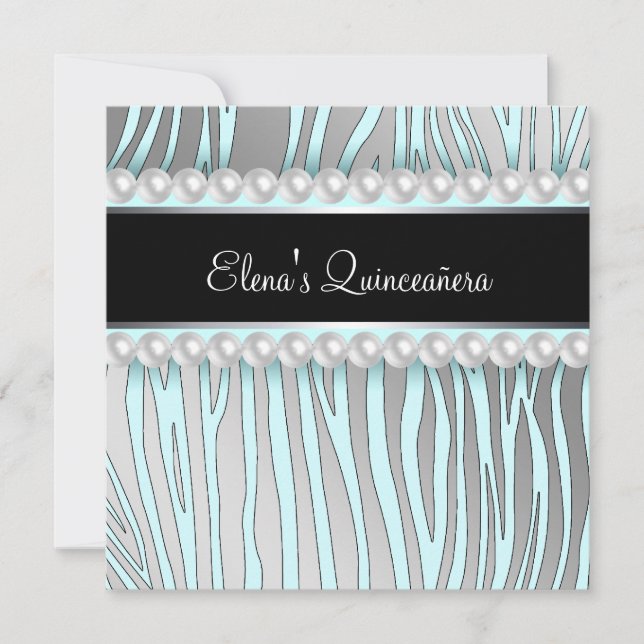 Invitaciones Quinceañera Cebra Azul Turquesa Perla (Anverso)