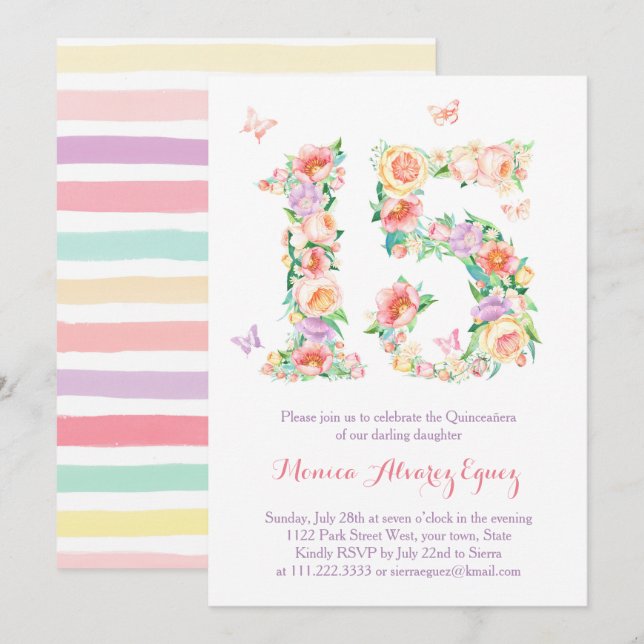 Invitaciones Quinceañera con mariposas (Anverso / Reverso)