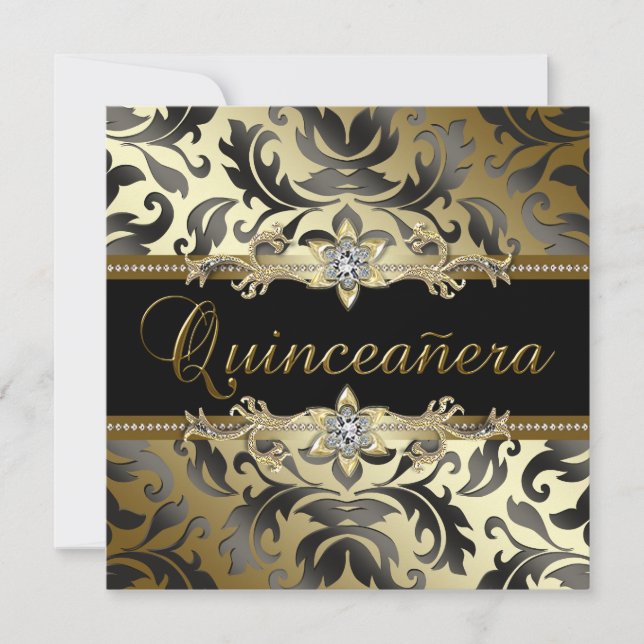 Invitaciones Quinceañera Damasco Oro Negro (Anverso)