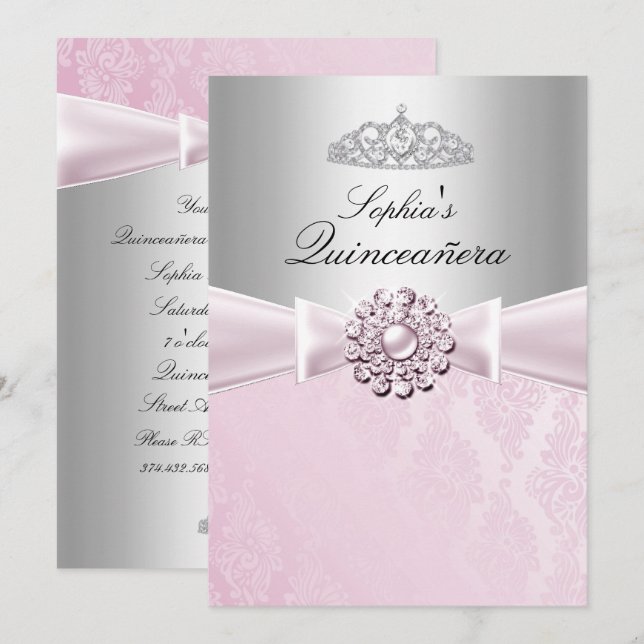 Invitaciones Quinceanera de Bow y Tiara (Anverso / Reverso)
