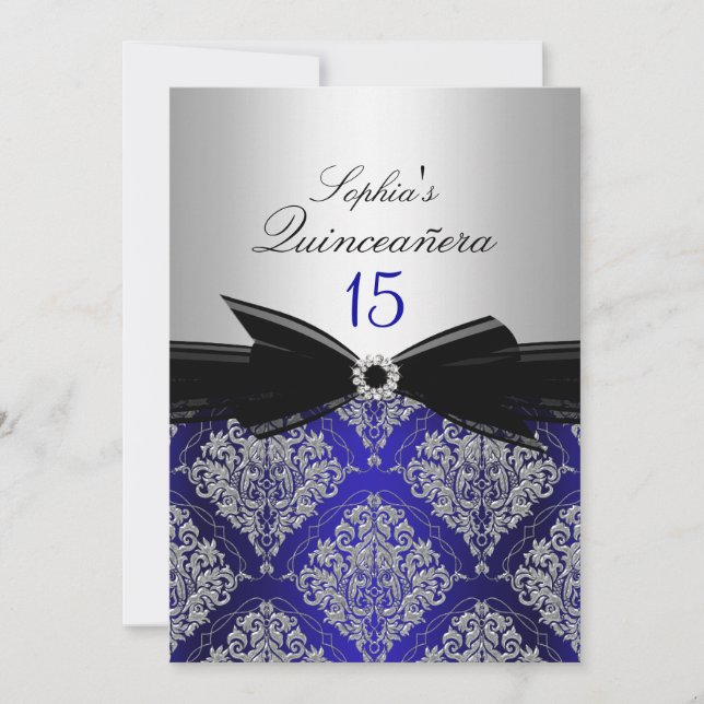 Invitaciones Quinceanera de Damask azul y plata (Anverso)