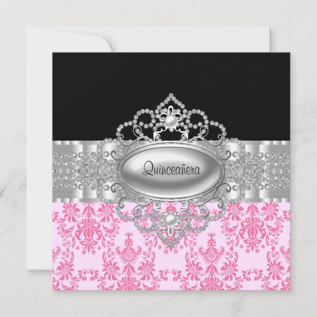 Invitaciones Quinceañera Diamantes Rosa Negro (Anverso)