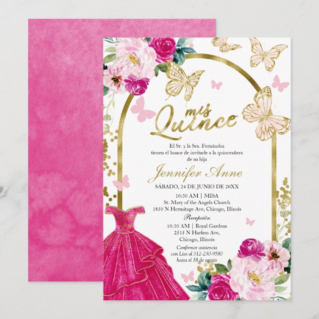 Invitaciones Quinceañera Españolas Mariposa Rosa B (Anverso / Reverso)