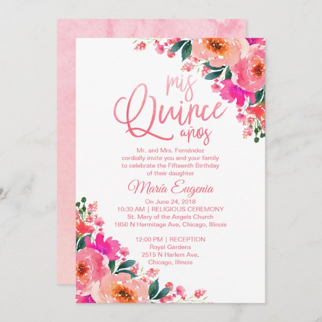 Invitaciones Quinceanera Floral de color rosa cali (Anverso / Reverso)