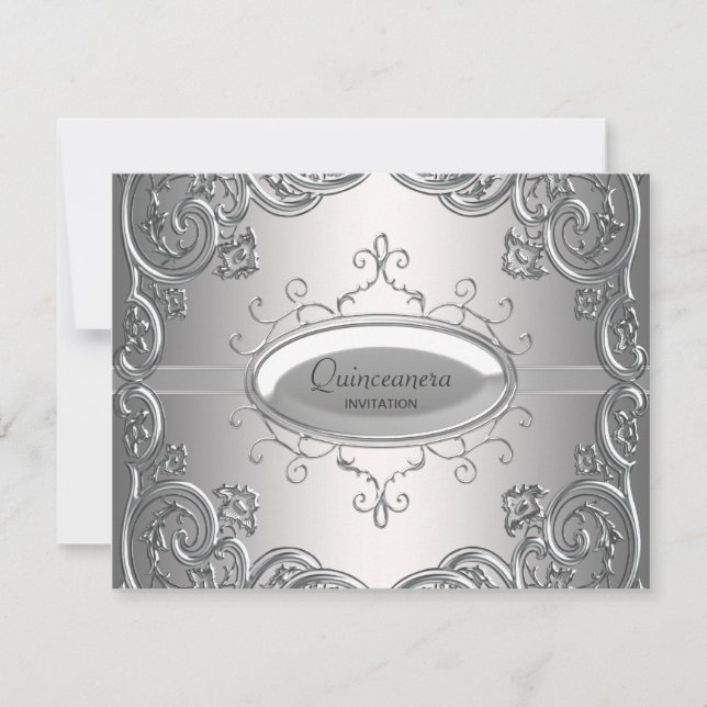 Invitaciones Quinceañera Negro Plateado (Anverso)