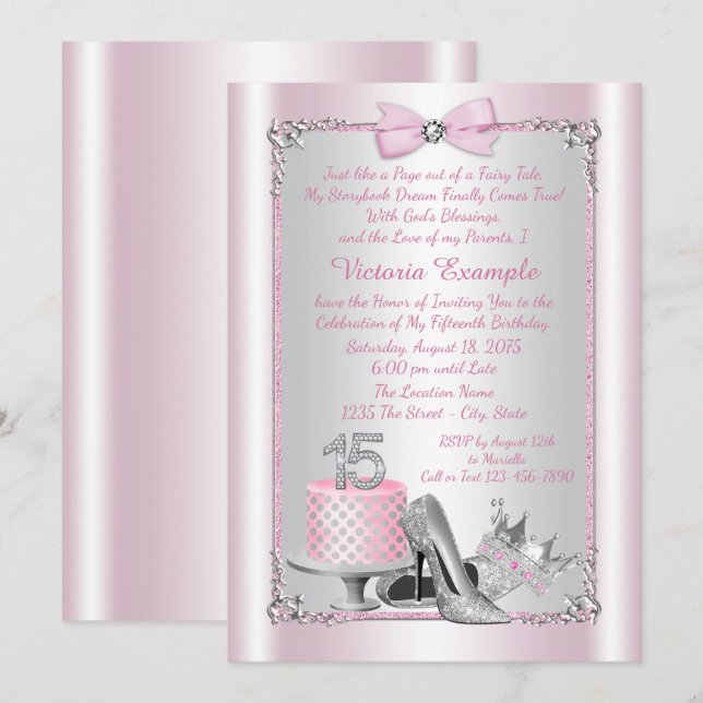Invitaciones Quinceañera Princesa Rosa (Anverso / Reverso)