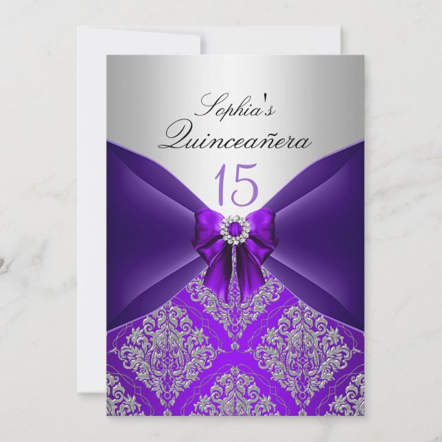 Invitaciones Quinceanera Purple Damask y Bow (Anverso)