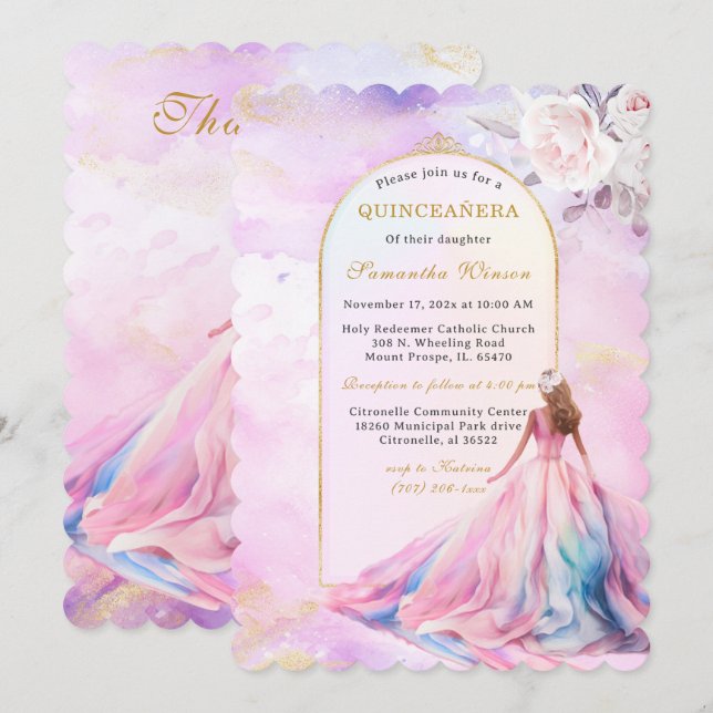 Invitaciones Quinceanera rosadas y doradas (Anverso / Reverso)