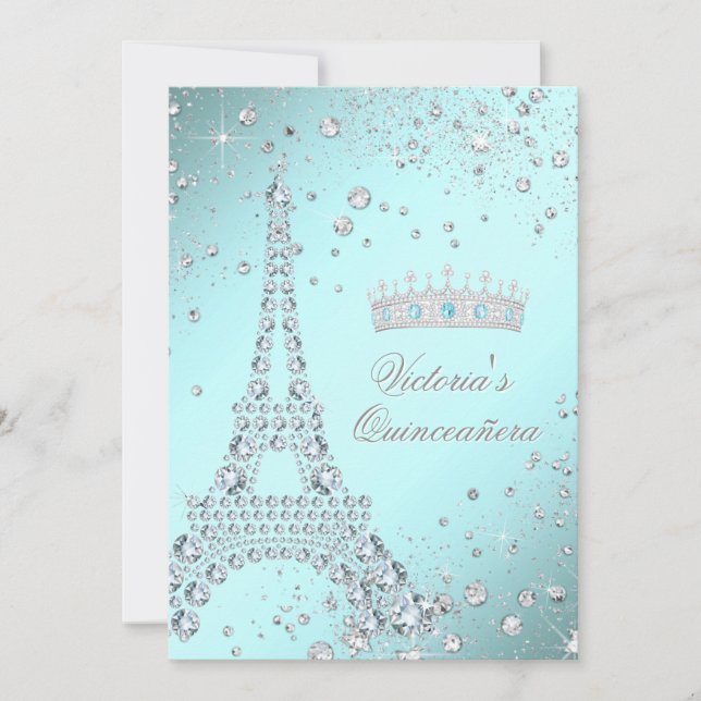 Invitaciones Quinceañera Tiara Azul Turquesa París (Anverso)