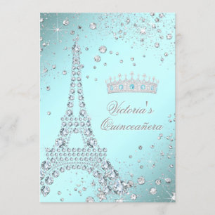 Invitaciones Quinceañera Tiara Azul Turquesa París