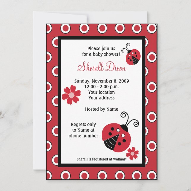 Invitaciones Red Trendy de Lullabye Ladybug 5x7 (Anverso)