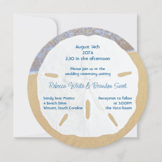 Invitaciones redondas de boda en la playa con dóla
