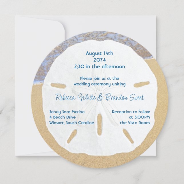Invitaciones redondas de boda en la playa con dóla (Anverso)
