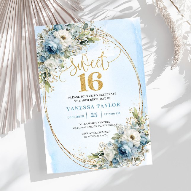 Invitaciones Refined Dusty Blue Greenery Sweet Six (Refined Dusty Blue Greenery Sweet Sixteen Invitation)