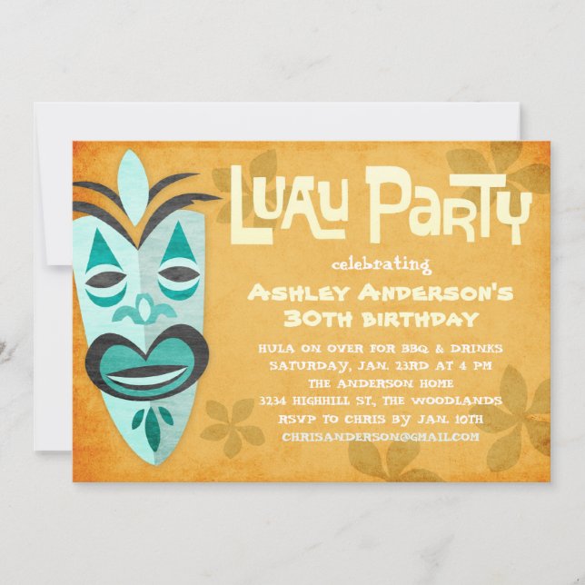 Invitaciones retras del fiesta de Tiki Luau (Anverso)