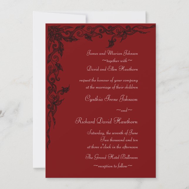 Invitaciones ricas de la boda del rojo carmesí (Anverso)