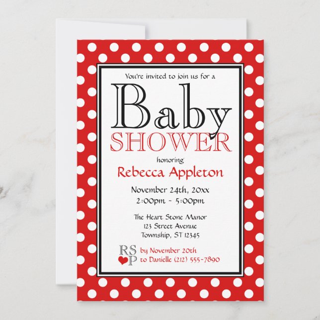 Invitaciones rojas de Baby Shower del lunar (Anverso)