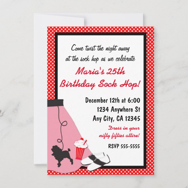 Invitaciones Rojas de Falda de Poodle de Sock Hop  (Anverso)