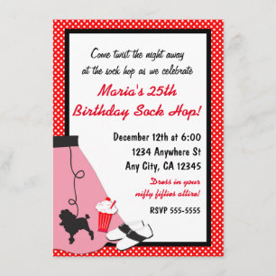 Invitaciones Rojas de Falda de Poodle de Sock Hop 