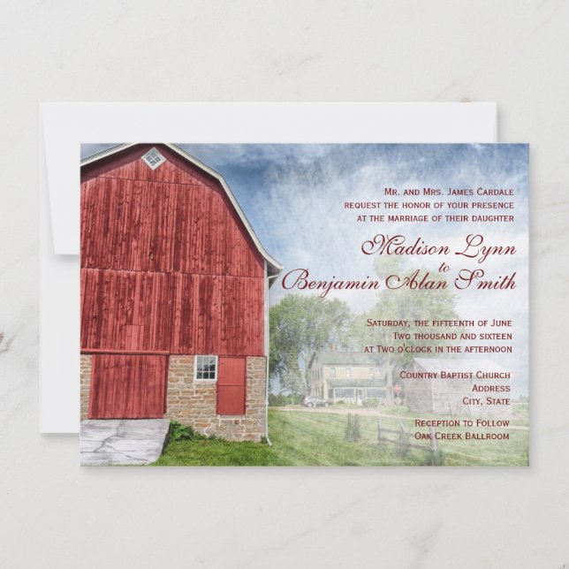 Invitaciones rojas de la boda de la granja del (Anverso)
