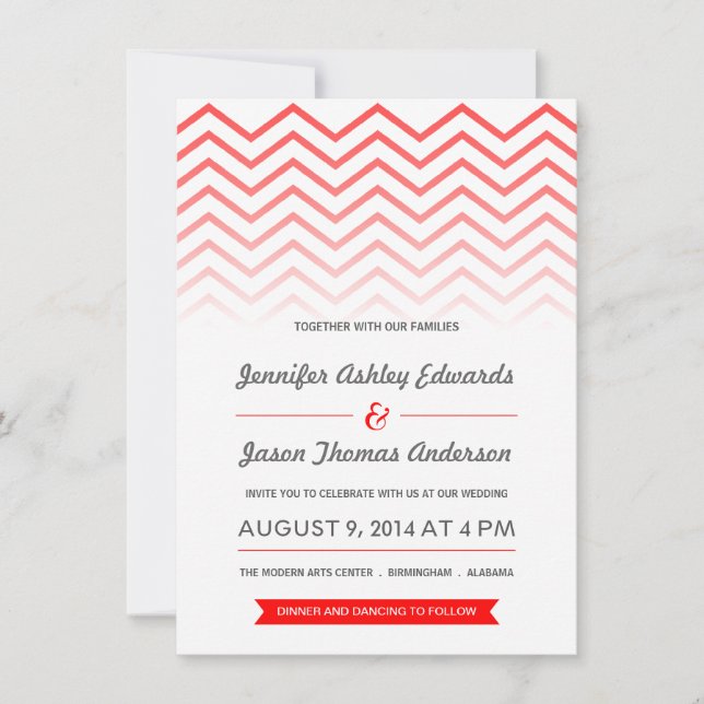 Invitaciones rojas de la boda de Ombre Chevron (Anverso)