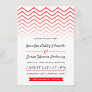 Invitaciones rojas de la boda de Ombre Chevron