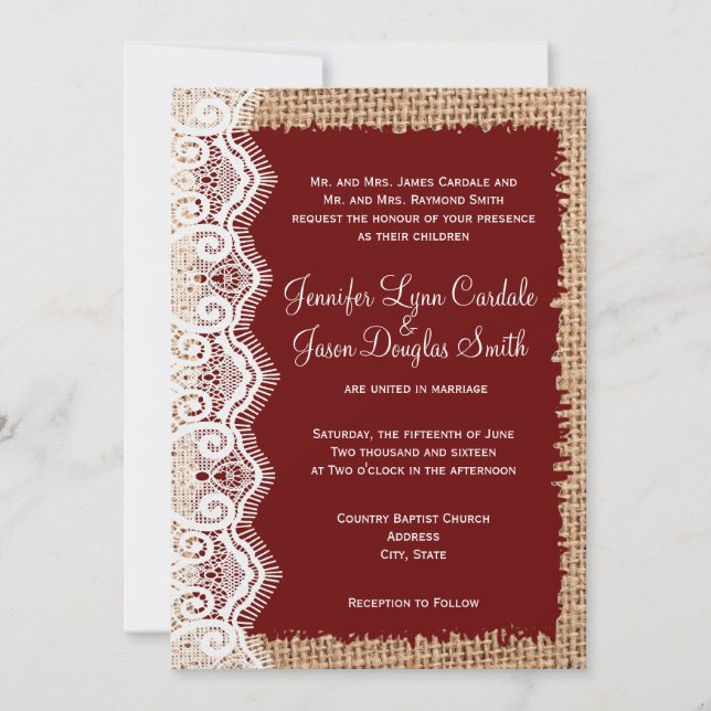 Invitaciones rojas de la boda del país del cordón (Anverso)
