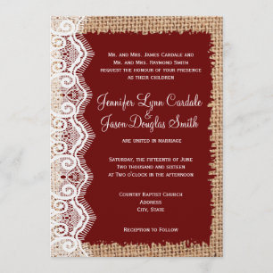 Invitaciones rojas de la boda del país del cordón