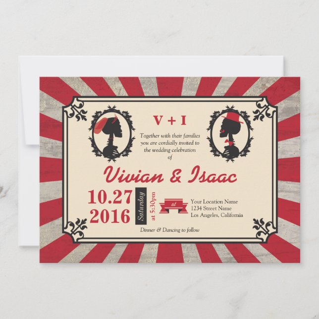 Invitaciones rojas de la pareja Steampunk Cameo Of (Anverso)