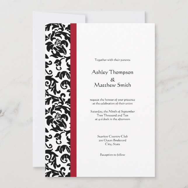 Invitaciones rojas y negras de la boda del damasco (Anverso)