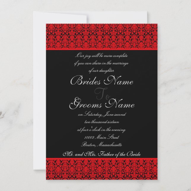 Invitaciones rojas y negras de la boda del damasco (Anverso)