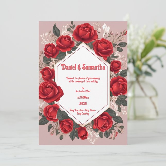 Invitaciones románticas a la boda de la Rosa Roja (Anverso de pie)