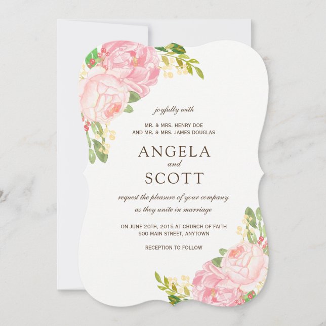 Invitaciones románticas a la boda de peones rosado (Anverso)