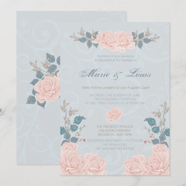 Invitaciones románticas a la boda de Rosas (Anverso / Reverso)