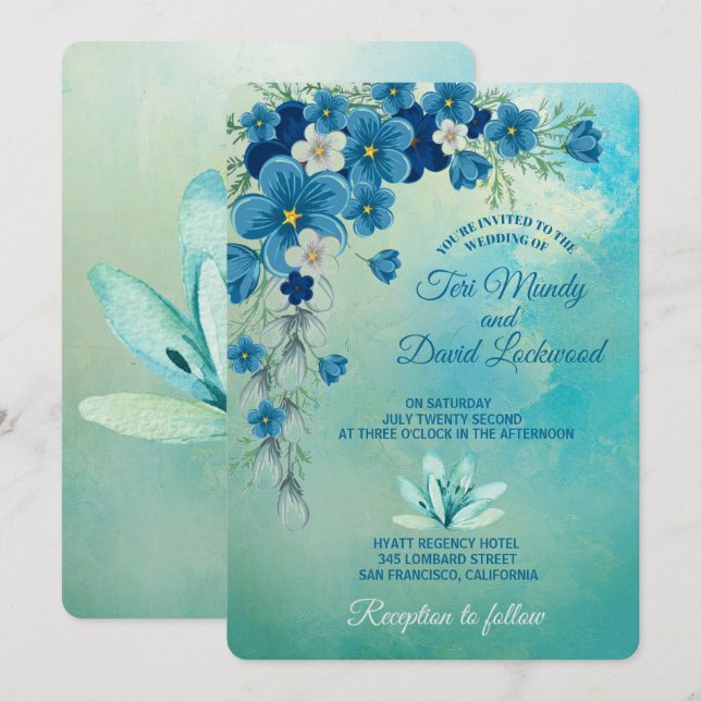 Invitaciones románticas a la boda floral azul/verd (Anverso / Reverso)